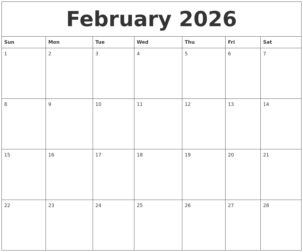 February 2026 Blank Monthly Calendar Template