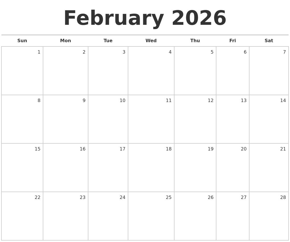 February 2026 Blank Monthly Calendar