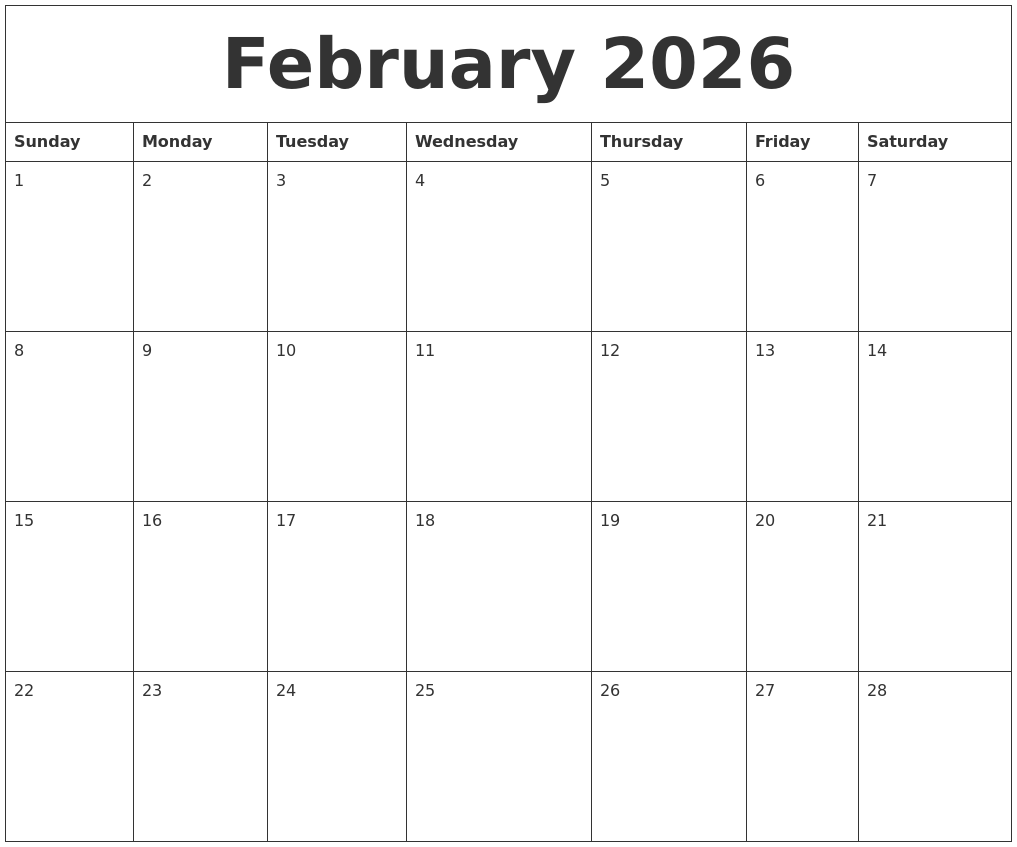 february 2026 blank schedule template full weekday