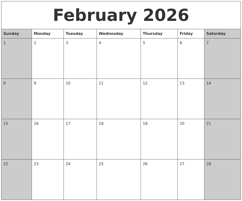 February 2026 Calanders