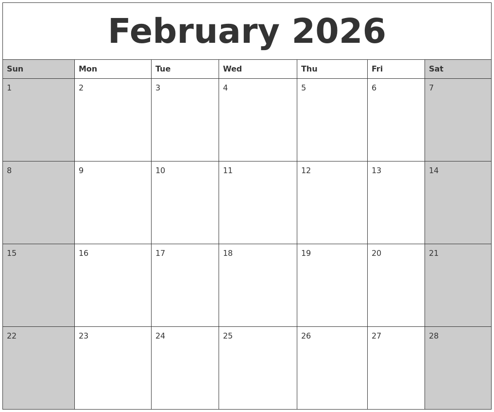 February 2026 Calanders