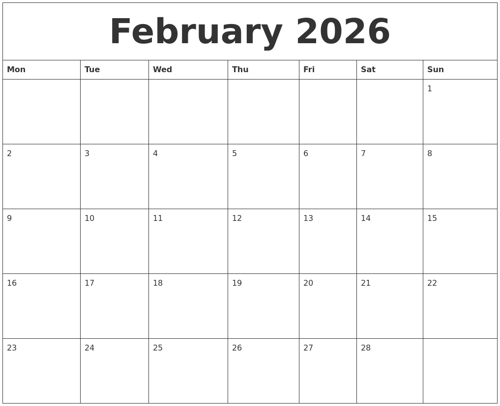 February 2026 Calendar Print Out