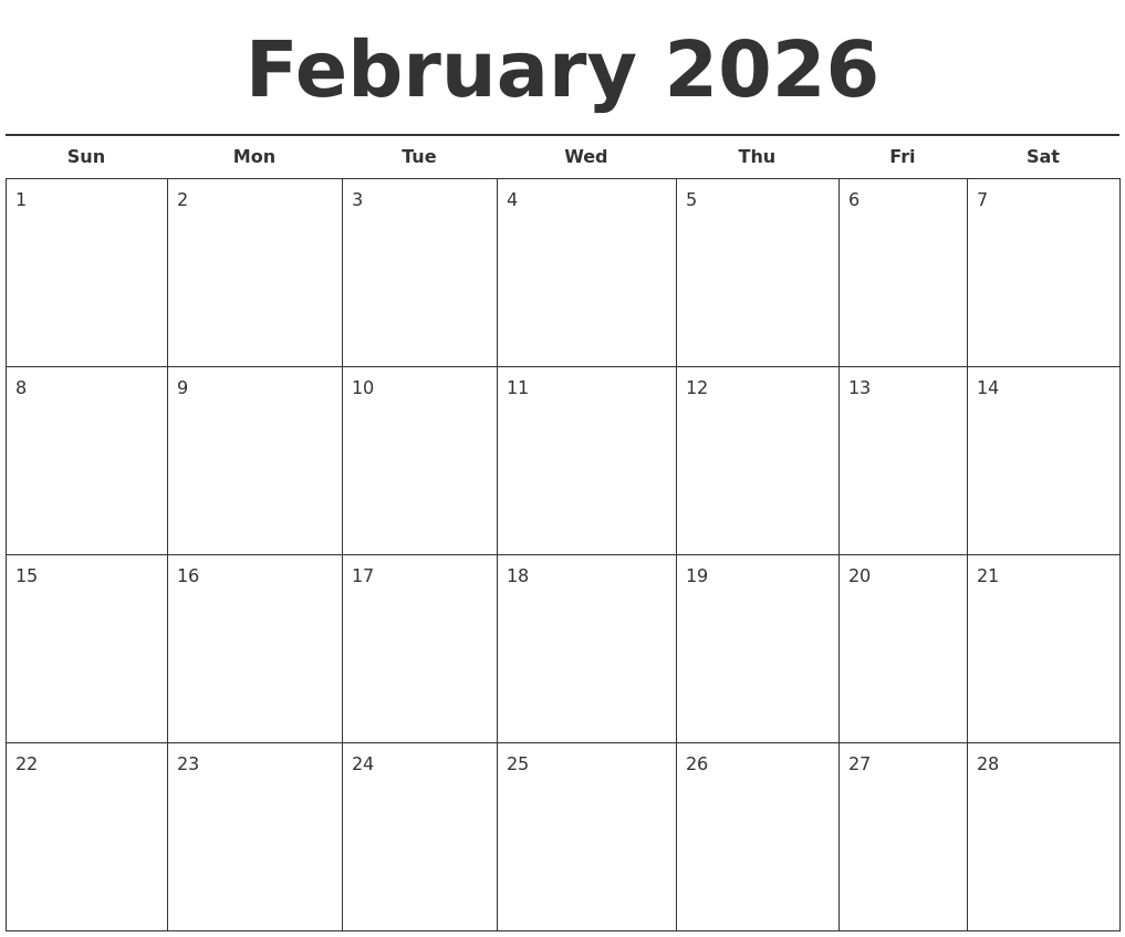 February 2026 Free Calendar Template