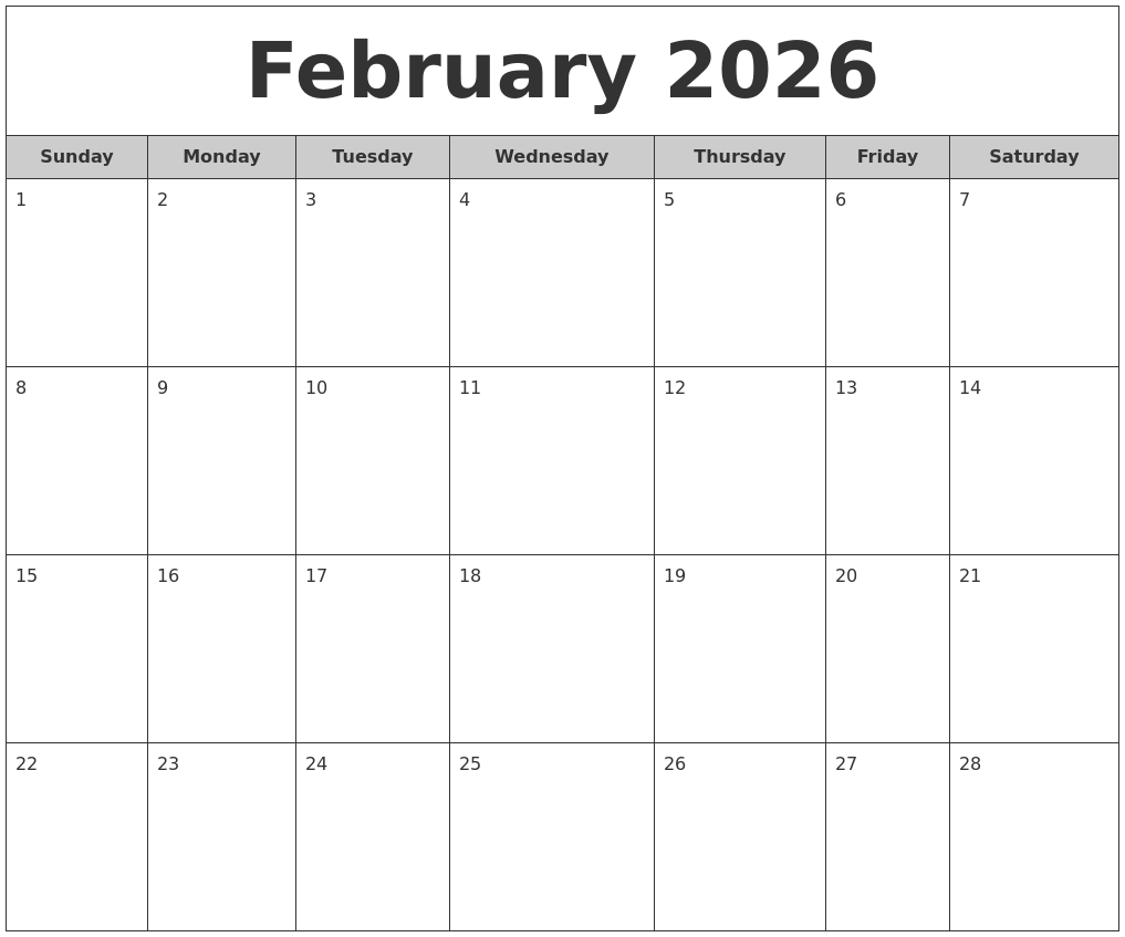 February 2026 Free Monthly Calendar