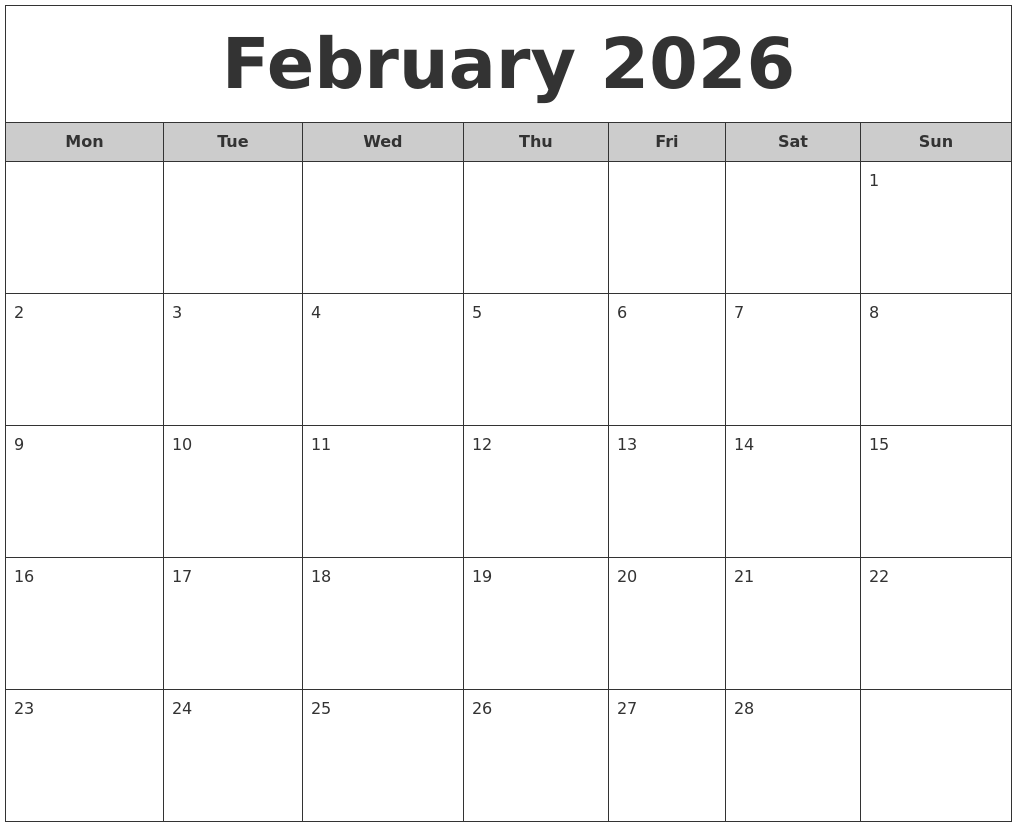 February 2026 Free Monthly Calendar