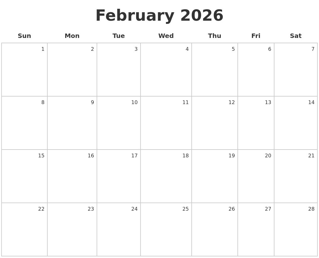 February 2026 Make A Calendar