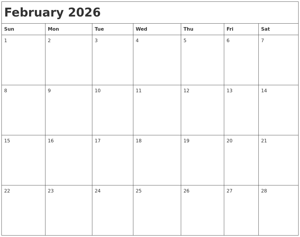 February 2026 Month Calendar
