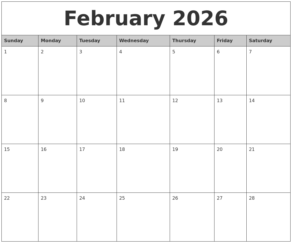 February 2026 Monthly Calendar Printable
