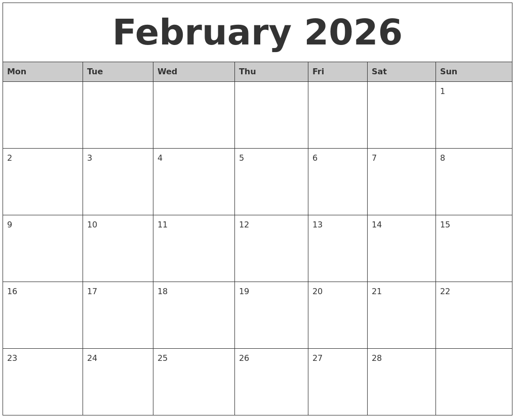 February 2026 Monthly Calendar Printable