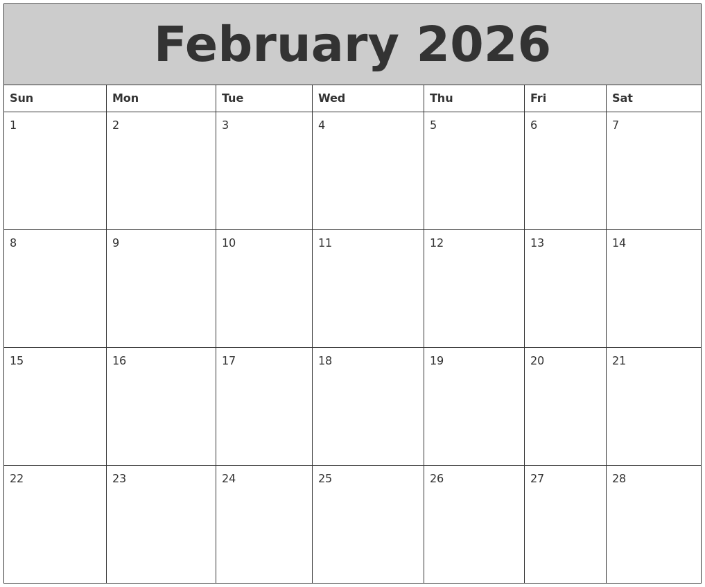 February 2026 My Calendar