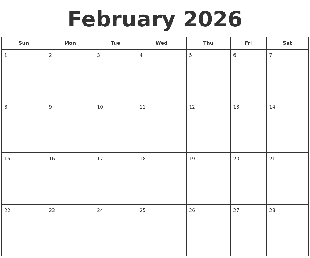 February 2026 Print A Calendar