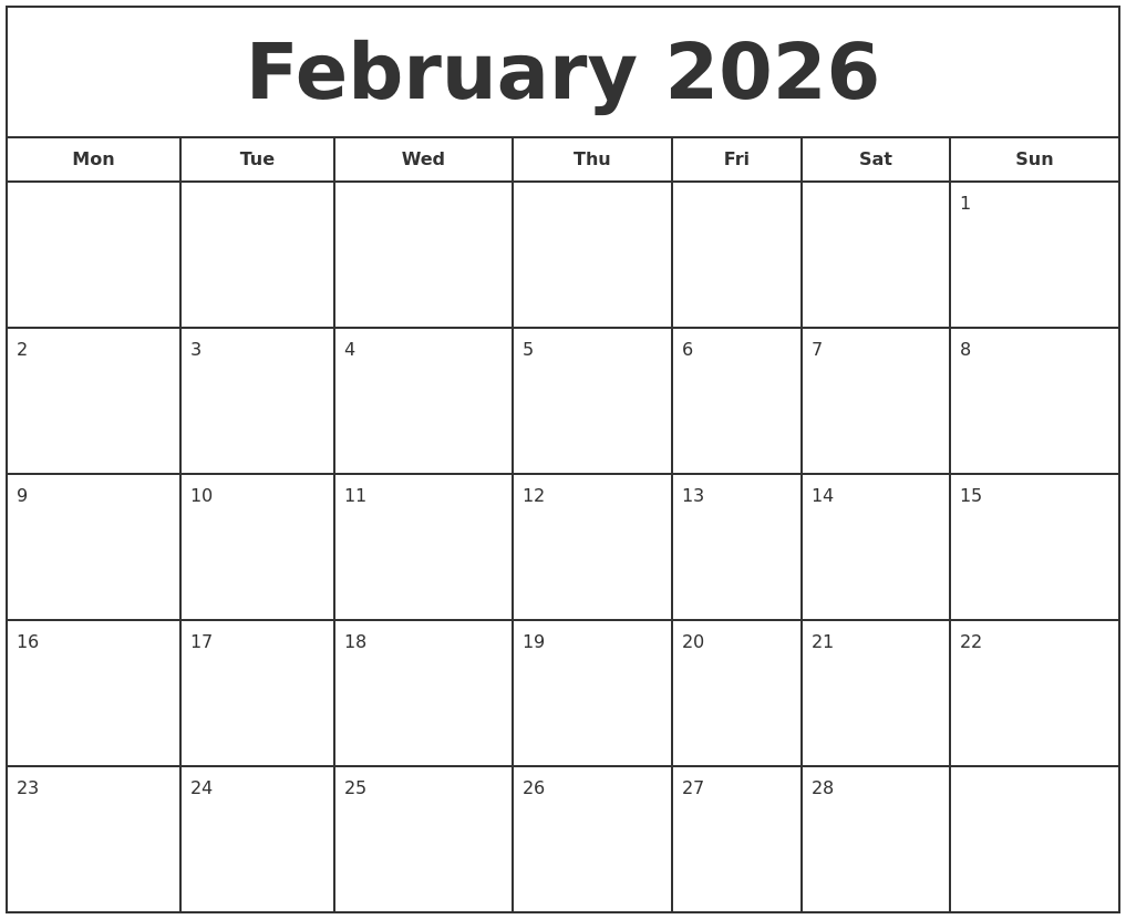 February 2026 Print Free Calendar