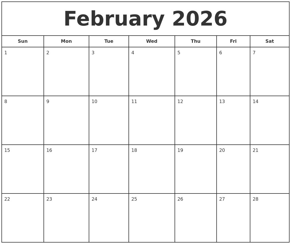 February 2026 Print Free Calendar