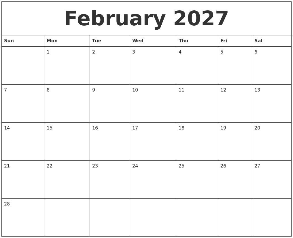 February 2027 Blank Calendar Printable