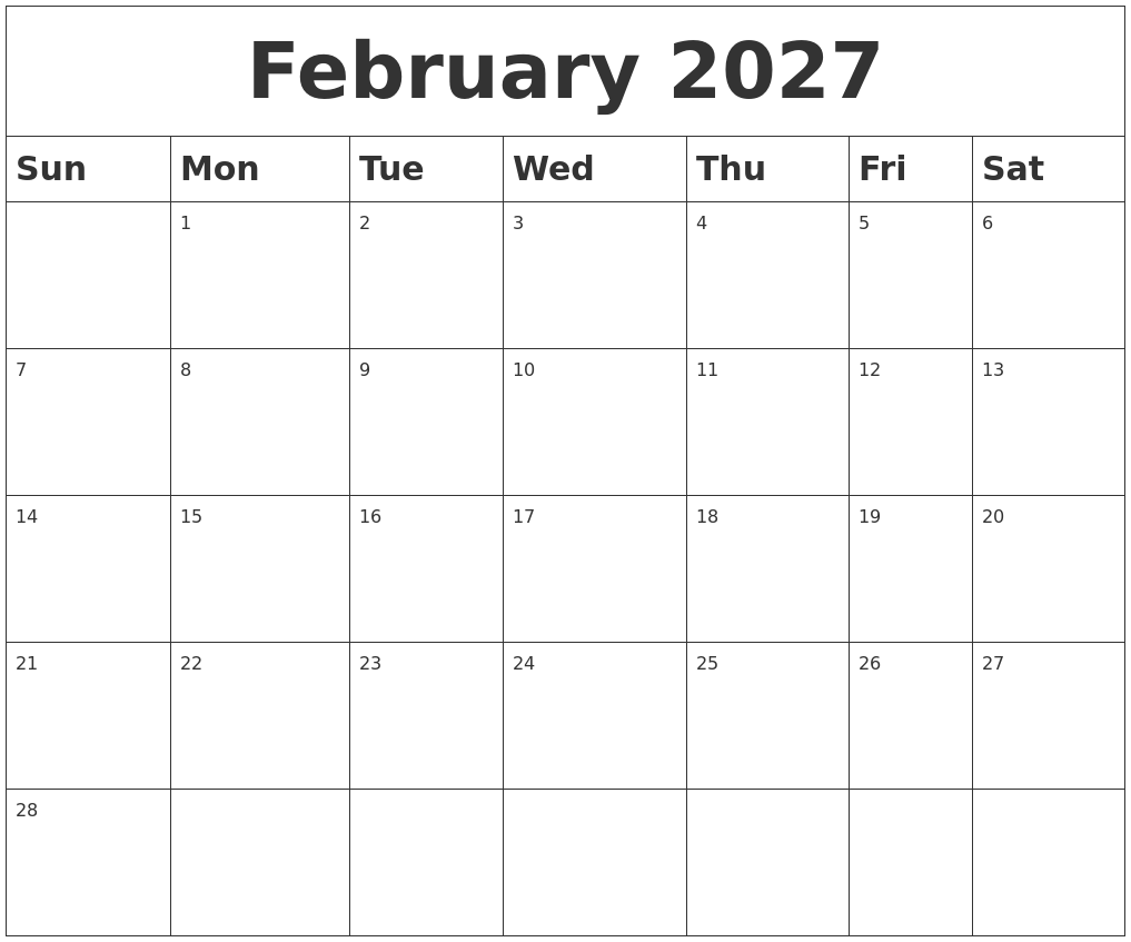 February 2027 Blank Calendar