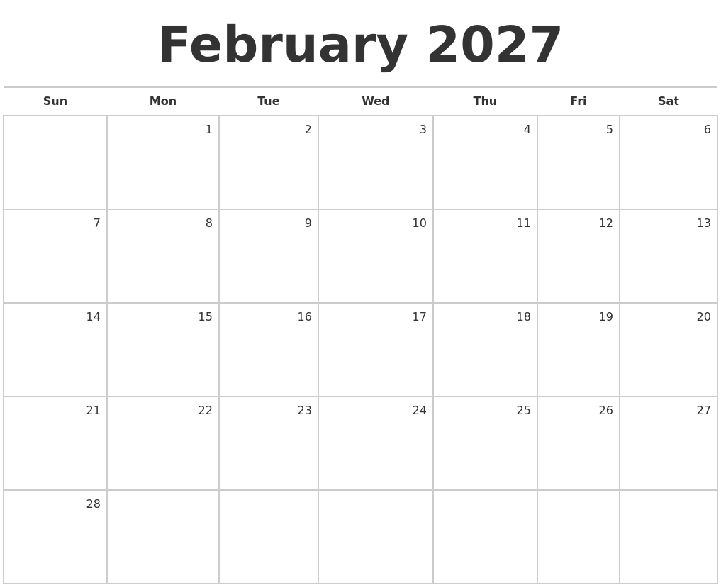 February 2027 Blank Monthly Calendar