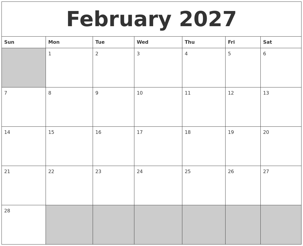 February 2027 Blank Printable Calendar