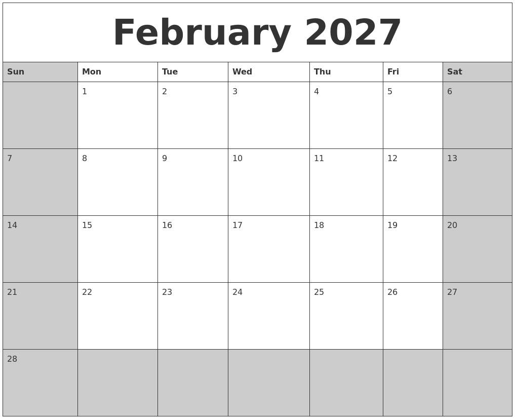 February 2027 Calanders