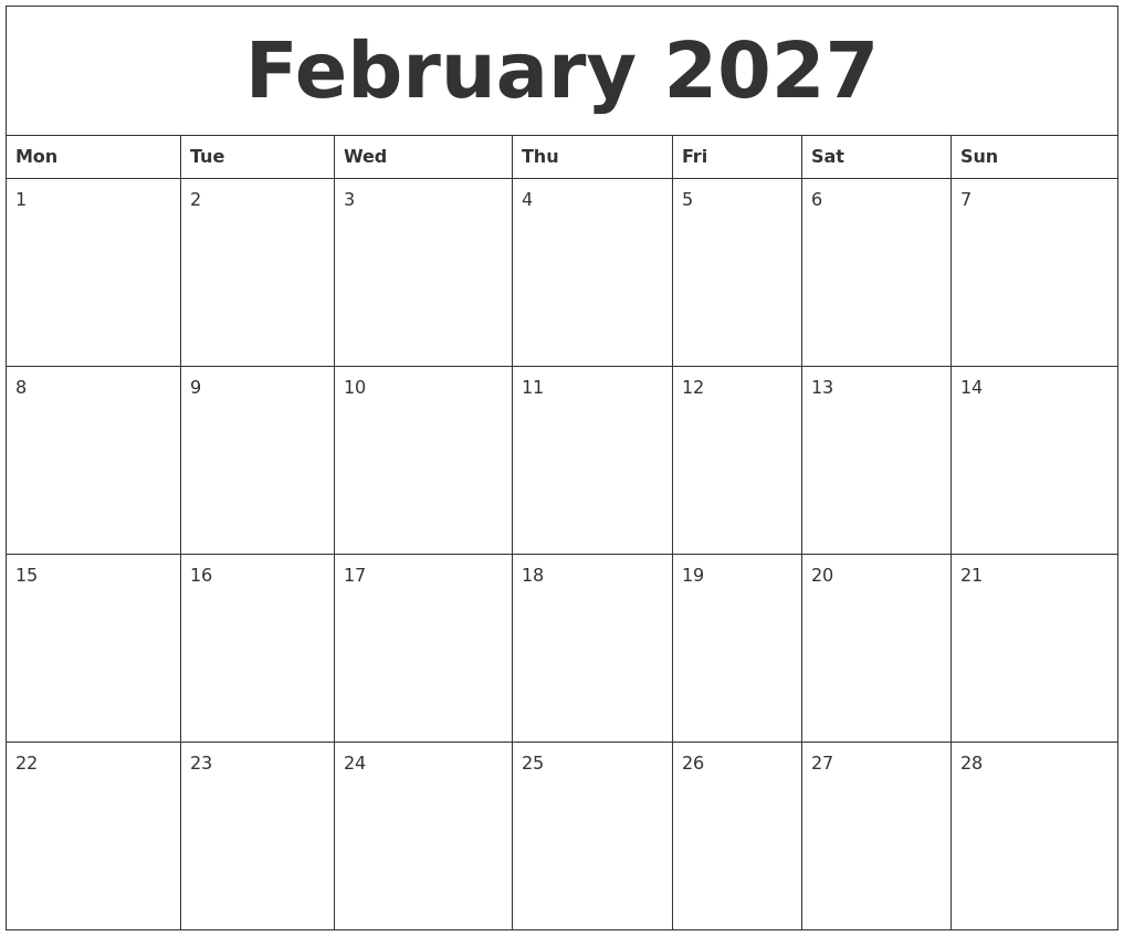 February 2027 Calendar Month