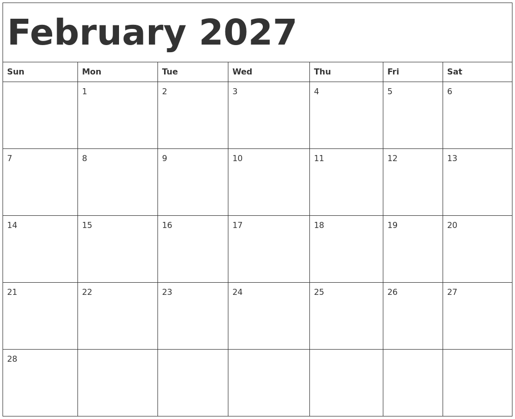 February 2027 Calendar Template