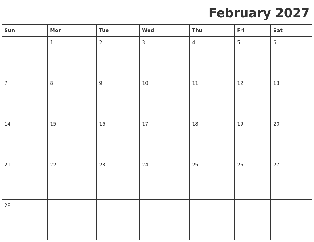 February 2027 Download Calendar
