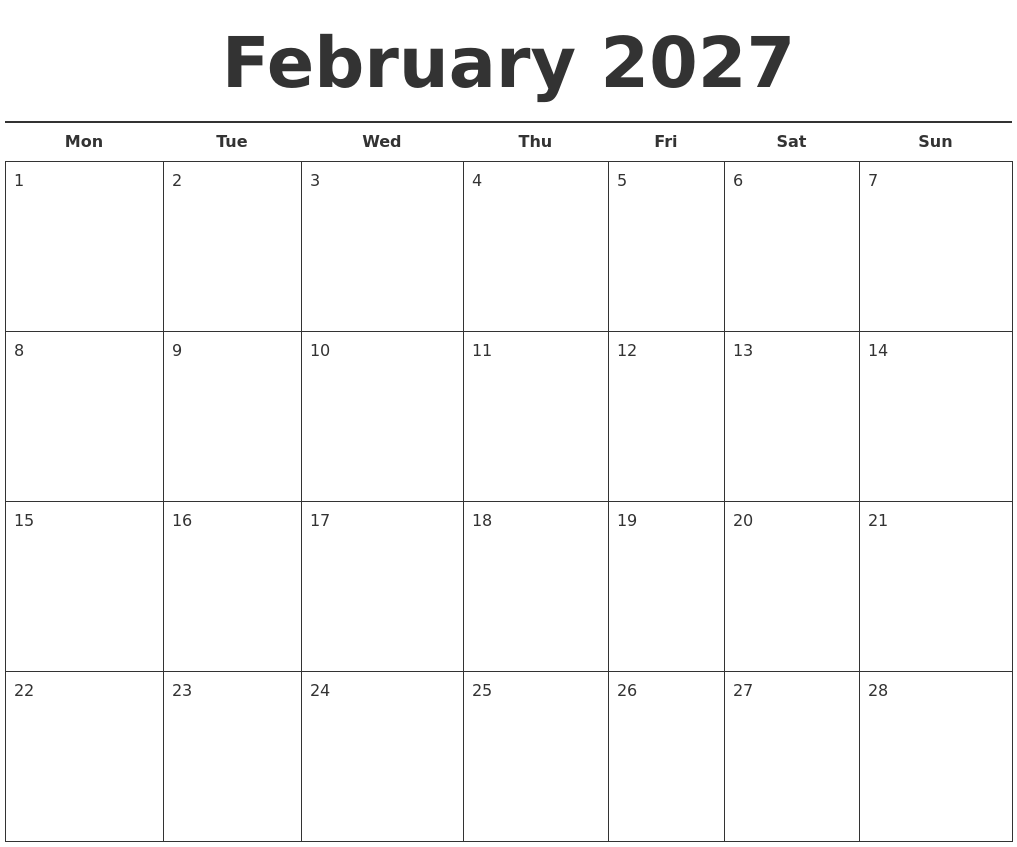 February 2027 Free Calendar Template