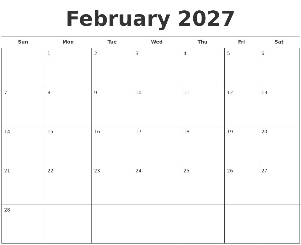 February 2027 Free Calendar Template