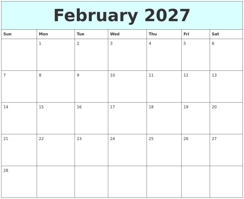 February 2027 Free Calendar