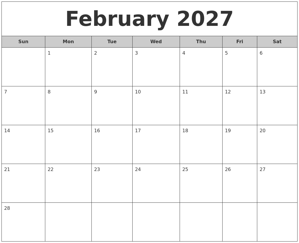 February 2027 Free Monthly Calendar