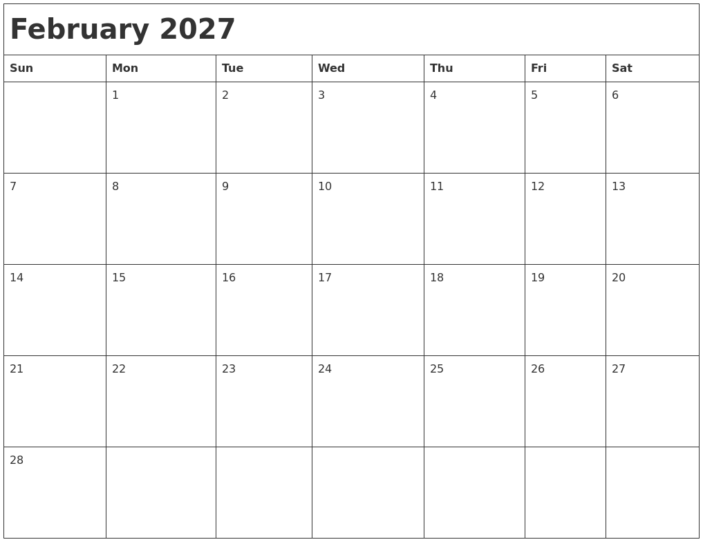 February 2027 Month Calendar