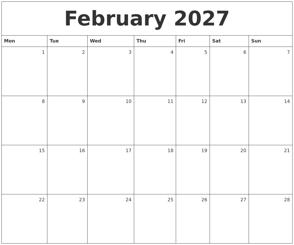 February 2027 Monthly Calendar