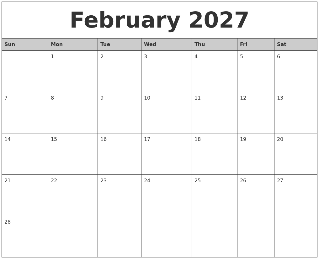 February 2027 Monthly Calendar Printable