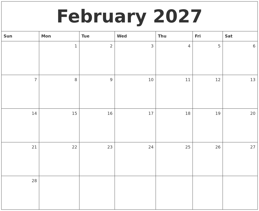 February 2027 Monthly Calendar