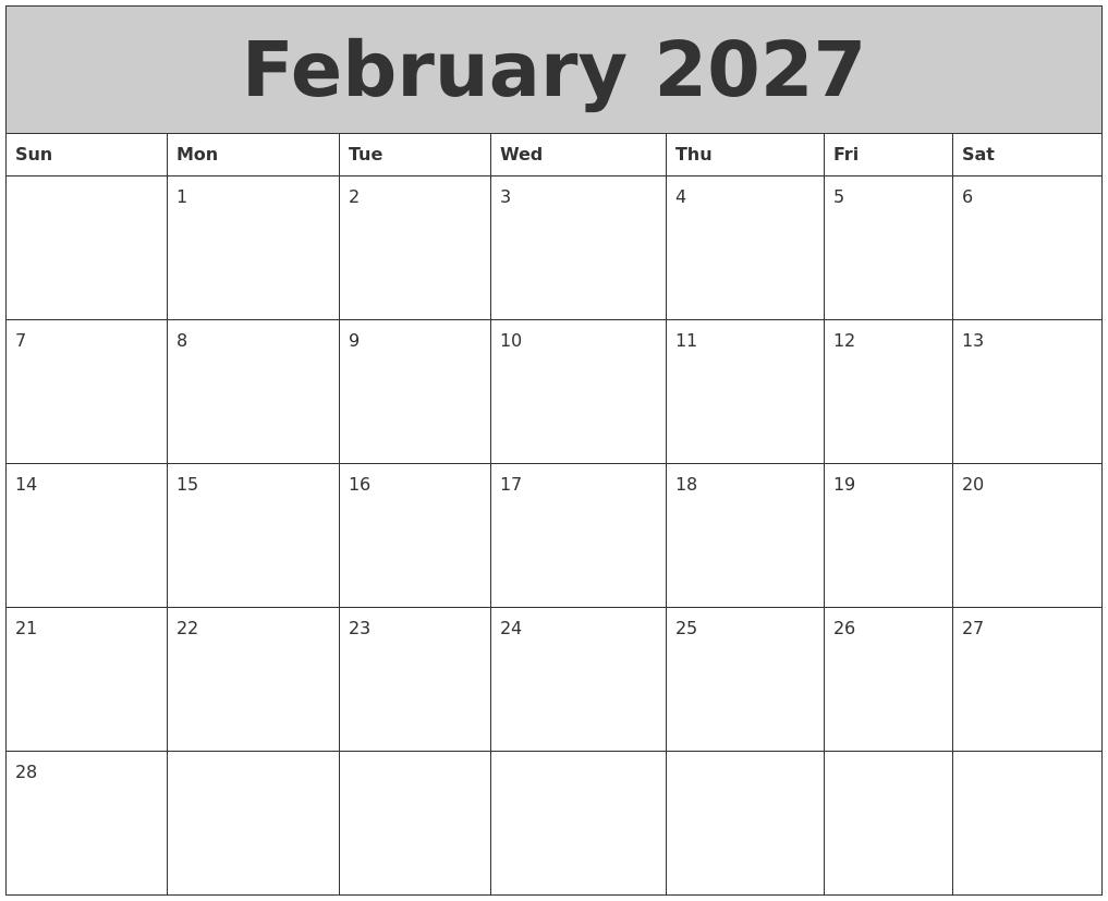 February 2027 My Calendar