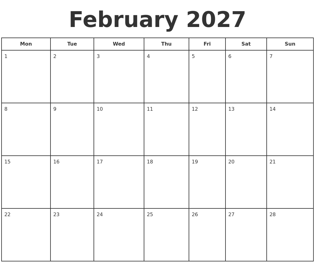 February 2027 Print A Calendar