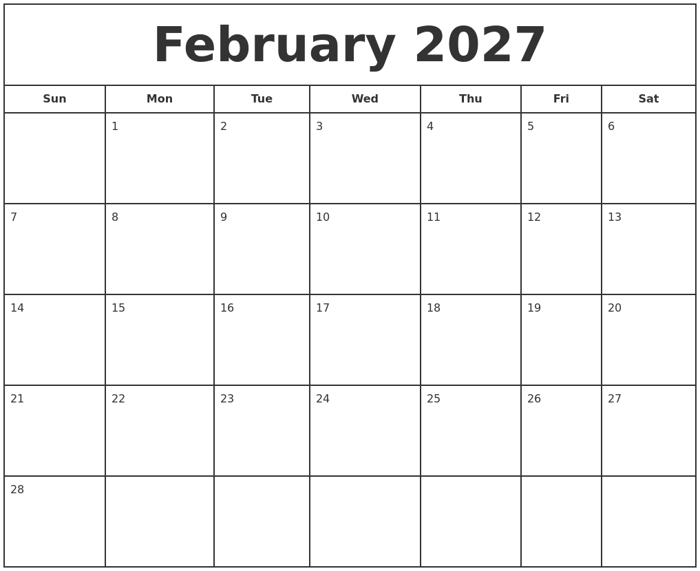 february 2027 print free calendar