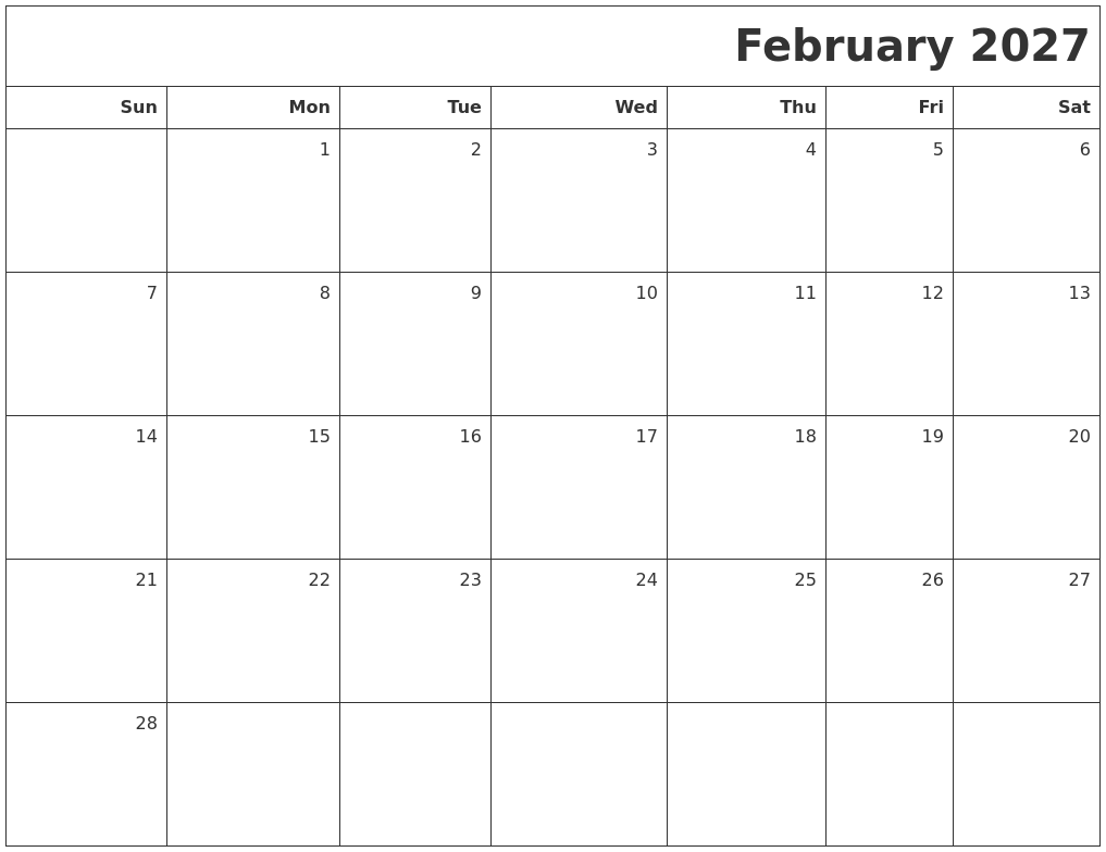 February 2027 Printable Blank Calendar