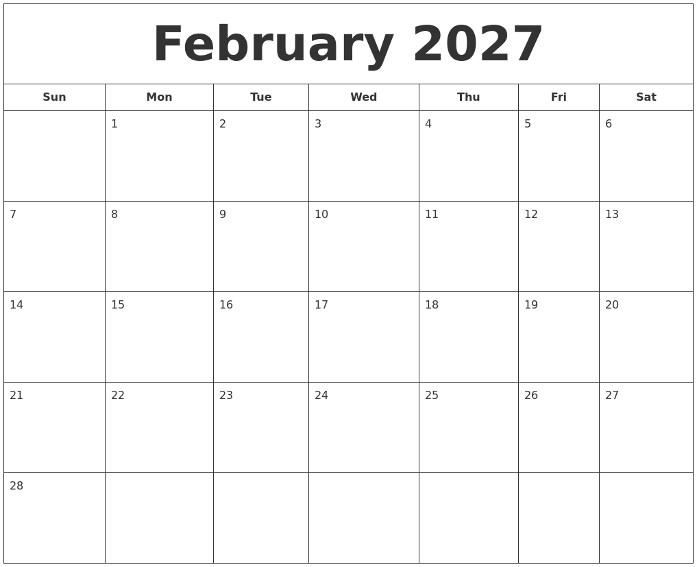 February 2027 Printable Calendar