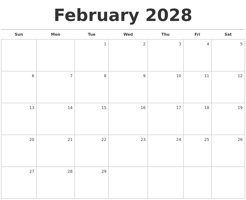 february 2028 blank monthly calendar