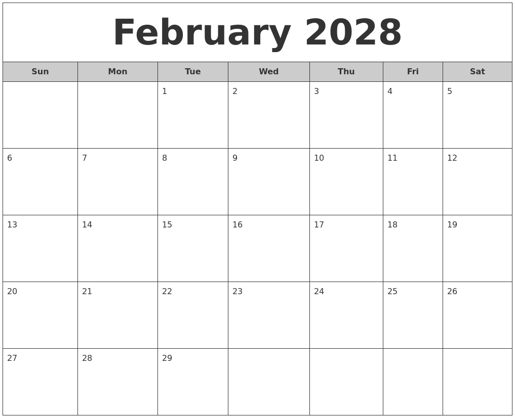 February 2028 Free Monthly Calendar