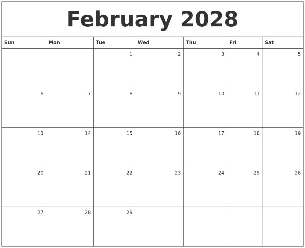 February 2028 Monthly Calendar