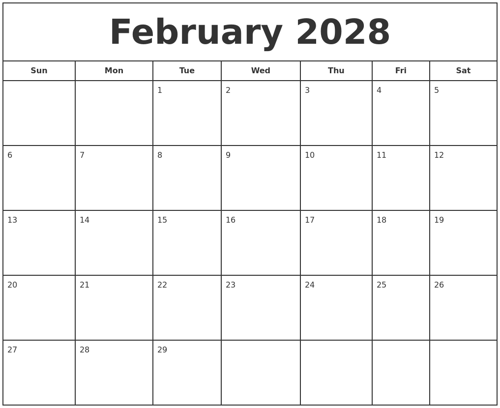 February 2028 Print Free Calendar
