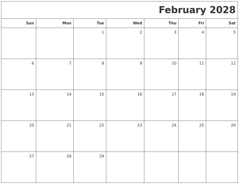 February 2028 Printable Blank Calendar