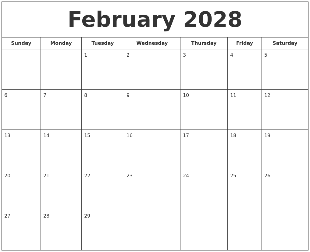 February 2028 Printable Calendar
