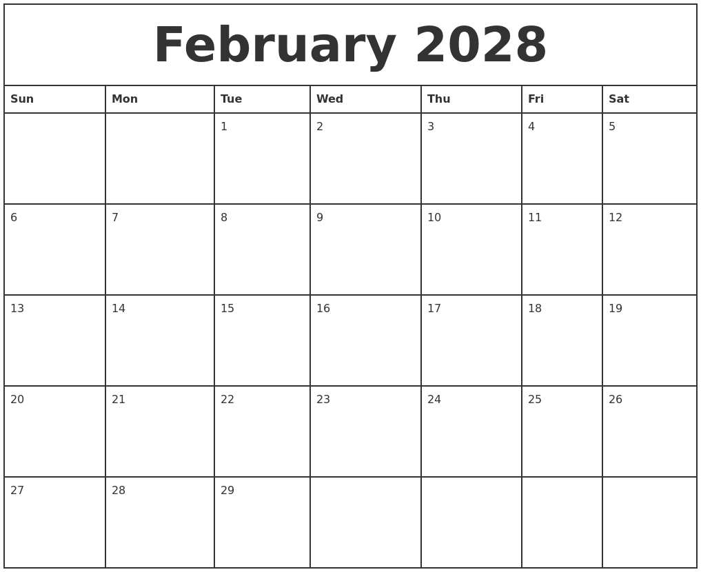 February 2028 Printable Monthly Calendar