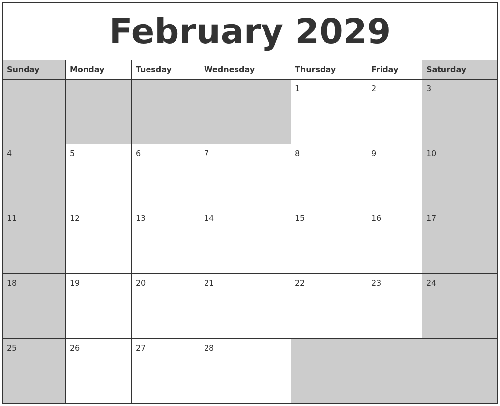 February 2029 Calanders