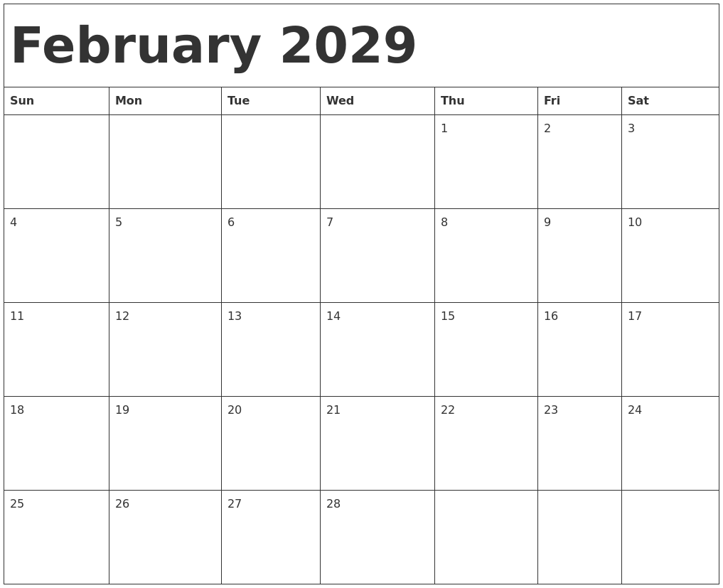 February 2029 Calendar Template