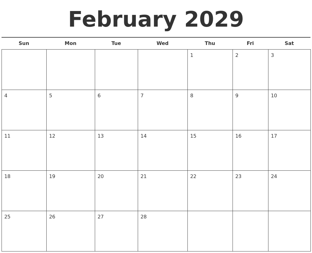 February 2029 Free Calendar Template