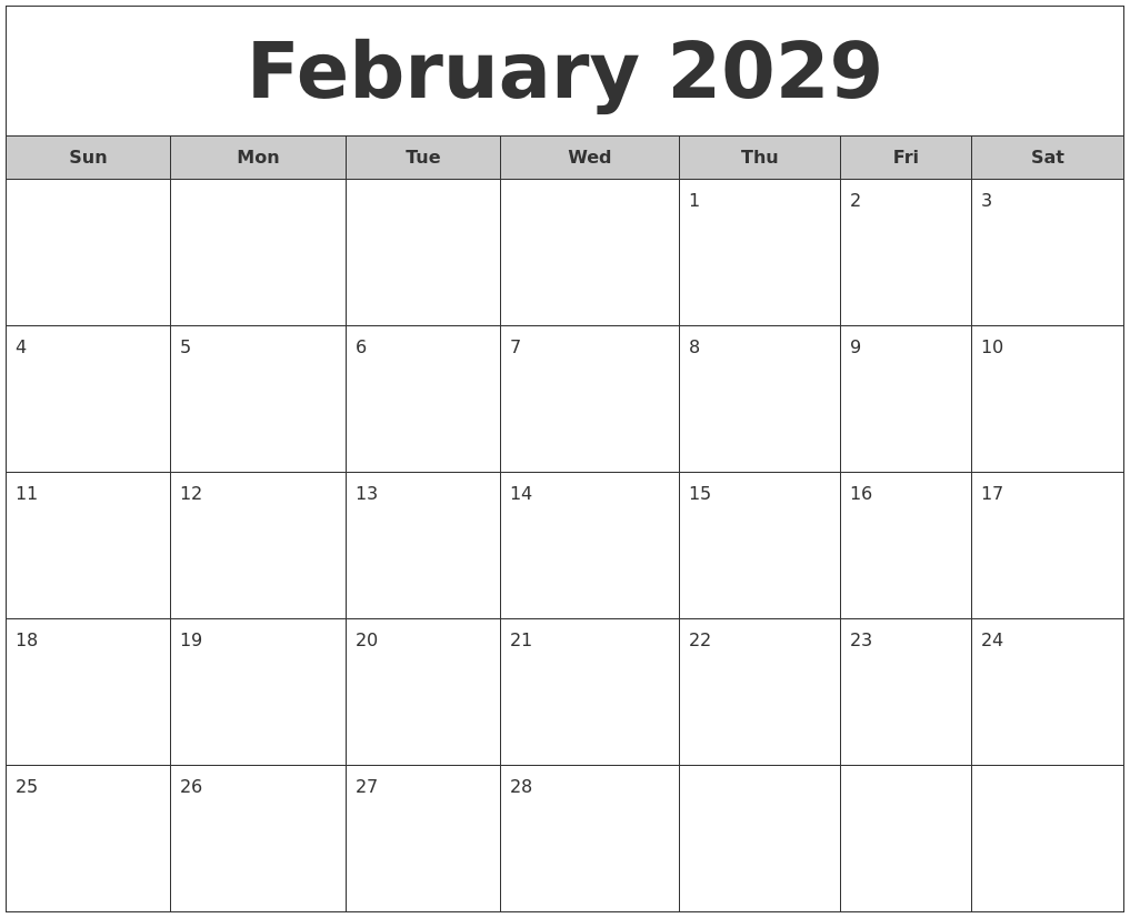 February 2029 Free Monthly Calendar