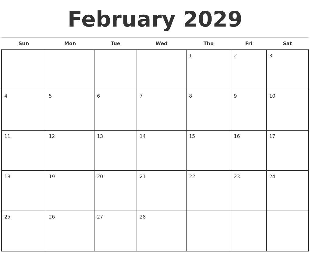 February 2029 Monthly Calendar Template